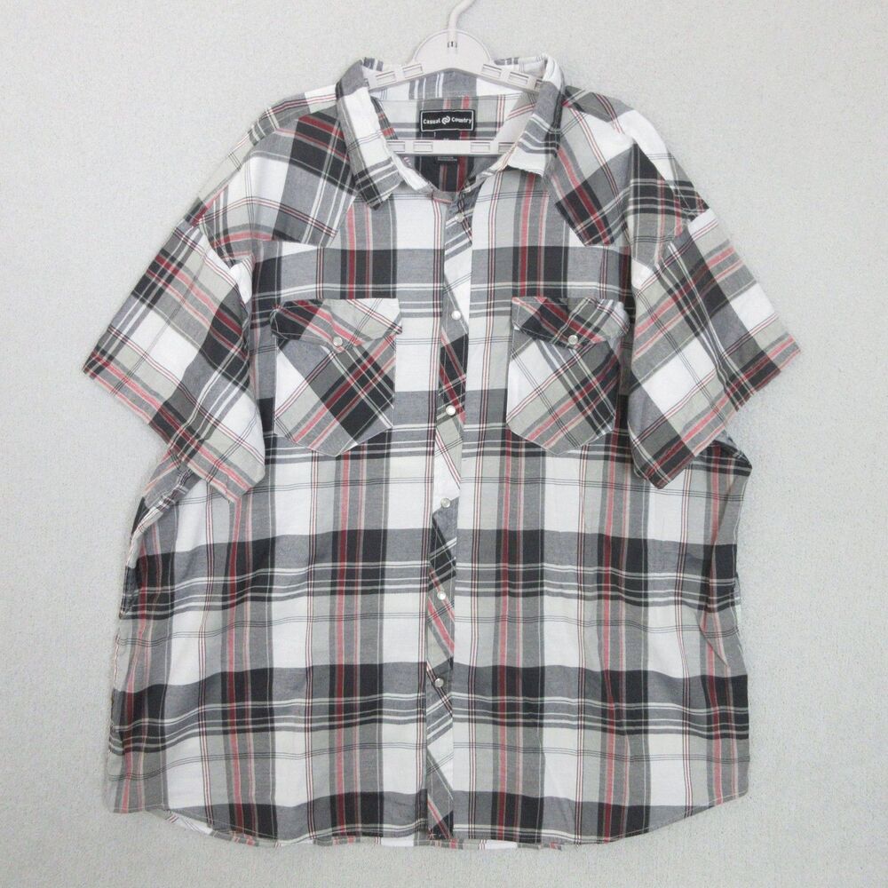 Casual‎ Country Shirt Mens 4XL Short Sleeve Plaid Button Front Gray Pearl Snap